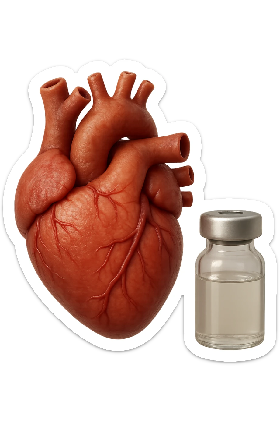 emoji stile iphone di cuore anatomico realistico in 3d che fluttua in aria insieme a una boccetta di fiala medica, FALLO MOLTO REALISTICO IN 3D sticker