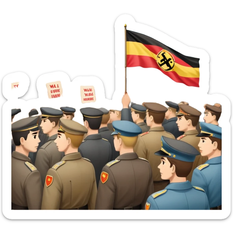 East German protest scene with people holding protest signs, DDR flag, Berlin Wall, subdued mood, 1950s sticker