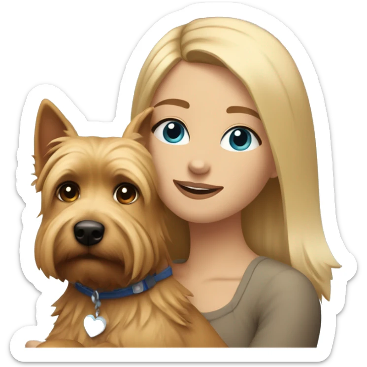 me - girl with blonde hair top brown bottom with blue eyes hugging norwich terrier dog  sticker