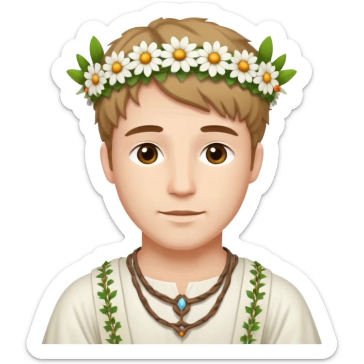 A guy with traditional clothes from midsummer festival, white tunica, flowers crown sticker