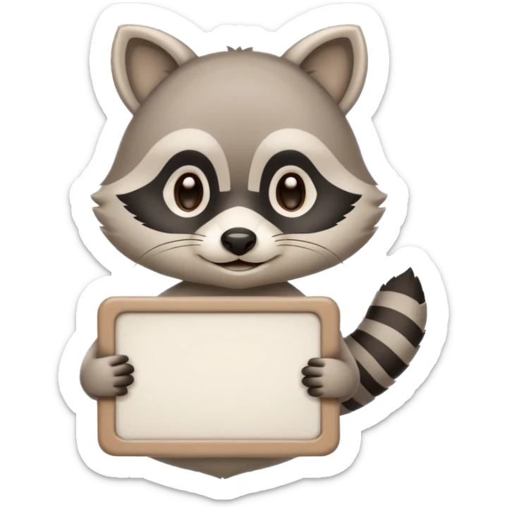 soft raccoon mascot holding a blank sign, neutral calm colors, gentle smile, rounded shapes, clean outline, safe educational style sticker