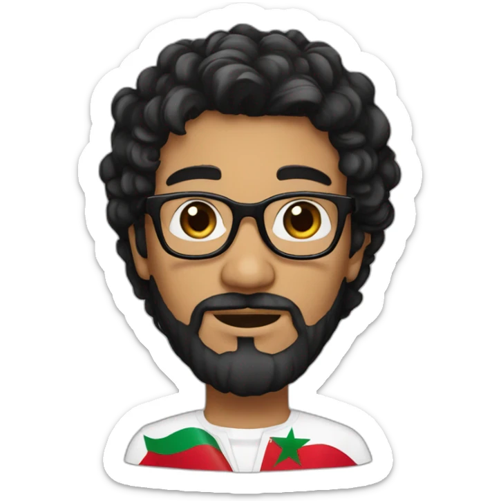Black hair and beard, dark brown eyes white man with glasses holding Moroccan flag sticker