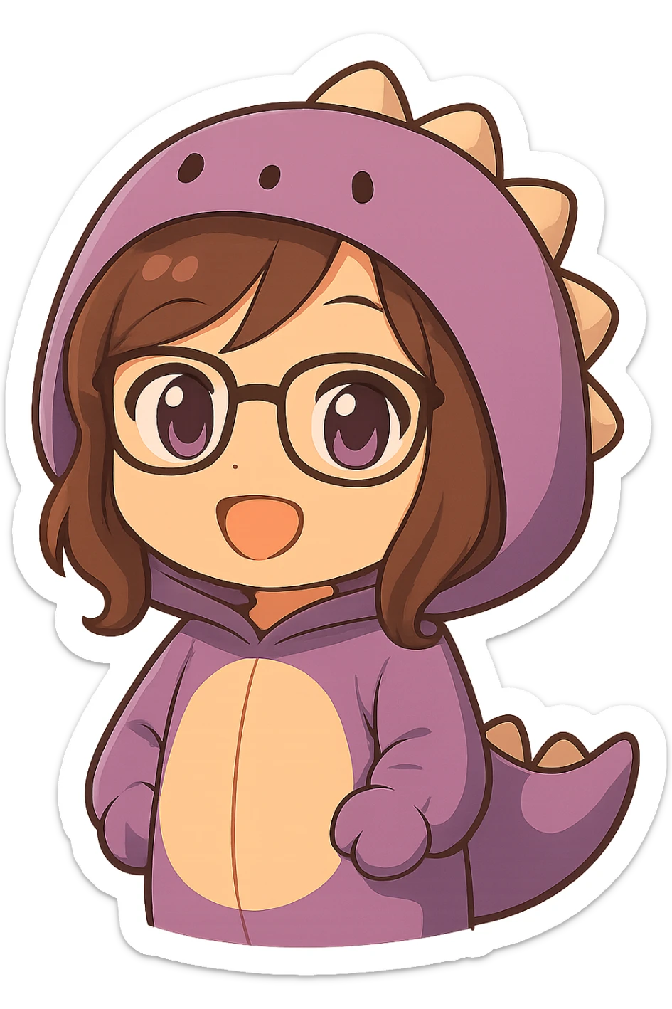 Edit the image to depict a chibi anime style girl with glasses, brown hair, dark purple eyes, wearing a purple dinosaur costume with arms down. Keep everything else the same as the reference. No background. sticker