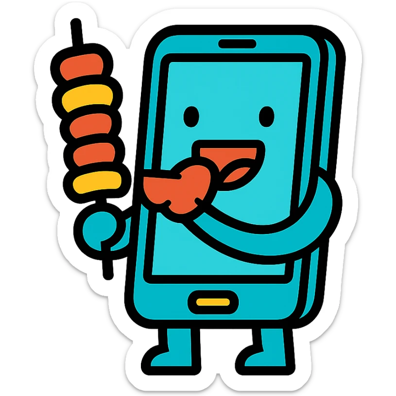 simple and colorful flat icon style of a phone eating kebab, no background sticker