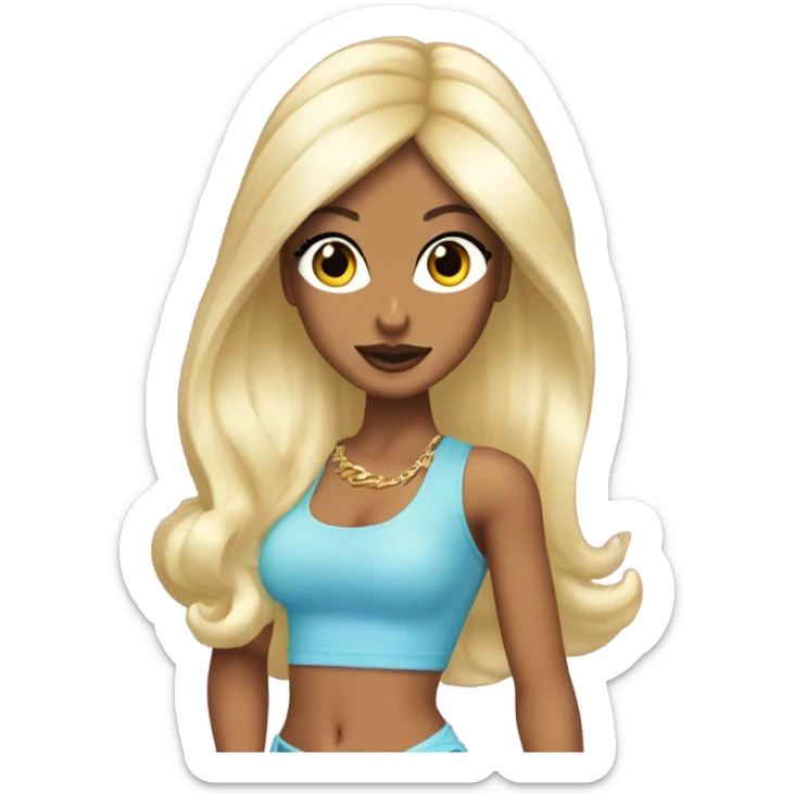 Tanned woman with long black hair, dressed in y2k Paris Hilton hair, makeup, and neon attire sticker