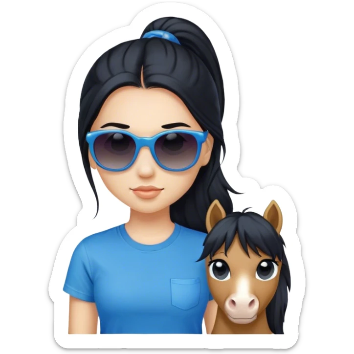 A girl with black long hair and a pony, wearing sunglasses and a blue t-shirt. sticker
