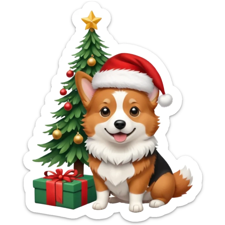 tricolor (black and red head) corgi with santa hat on and christmas tree near sticker