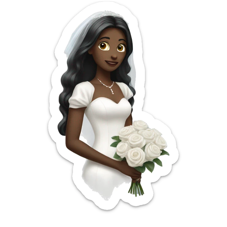 White bride with black long hair and  with long white Dress and long white veil and white roses bouquet in hands   sticker