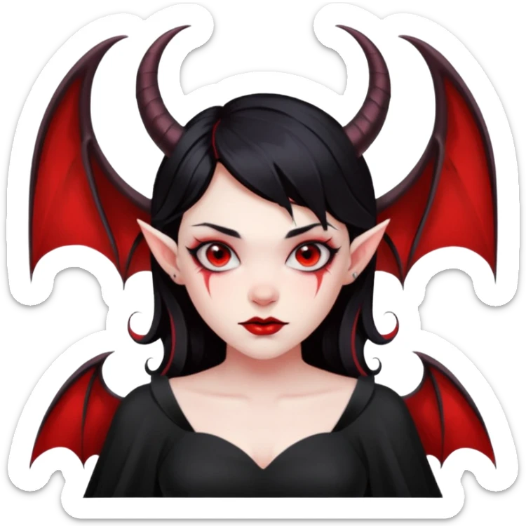 Demon girl, entire skin solid red, black hair, horns, bat wing, black dress, tattoo-flash comic. sticker