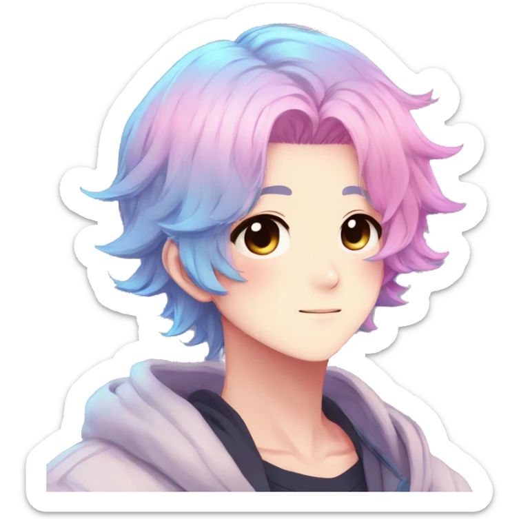 Gorgeous anime style shojo dude with blushing face aesthetic and pretty colorful shiny gradient pastel hair trending style sticker