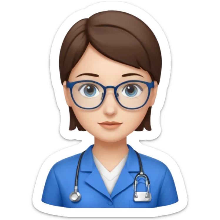 Blue eyes short brown hair with glasses woman in care assistant blue uniform sticker