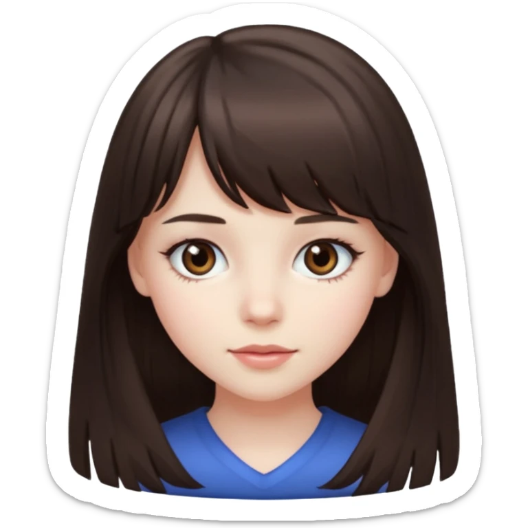 brunette girl with dark brown eyes, pale rosy skin, long hair and wispy bangs sticker