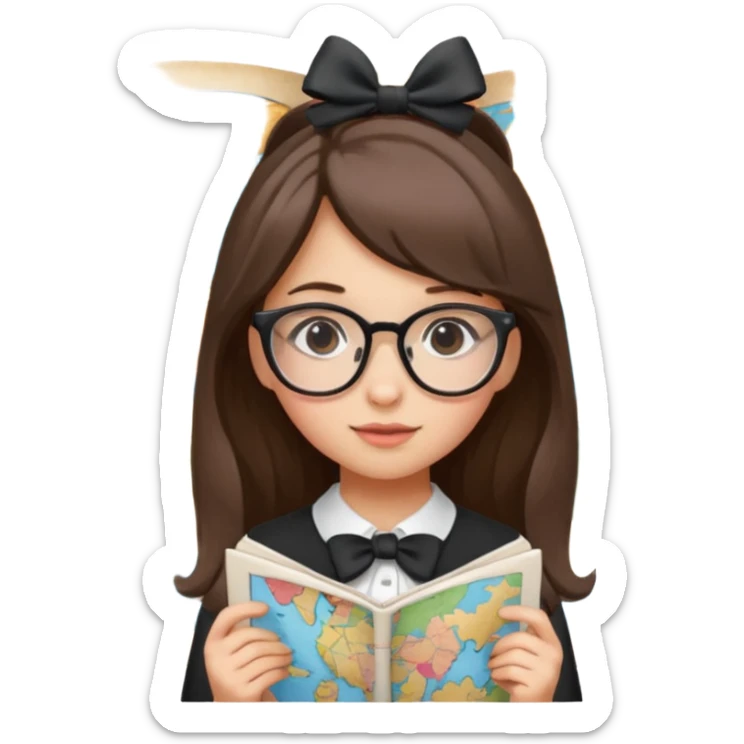 cute girl tomato wearing glasses and hair bow, looking at a map sticker