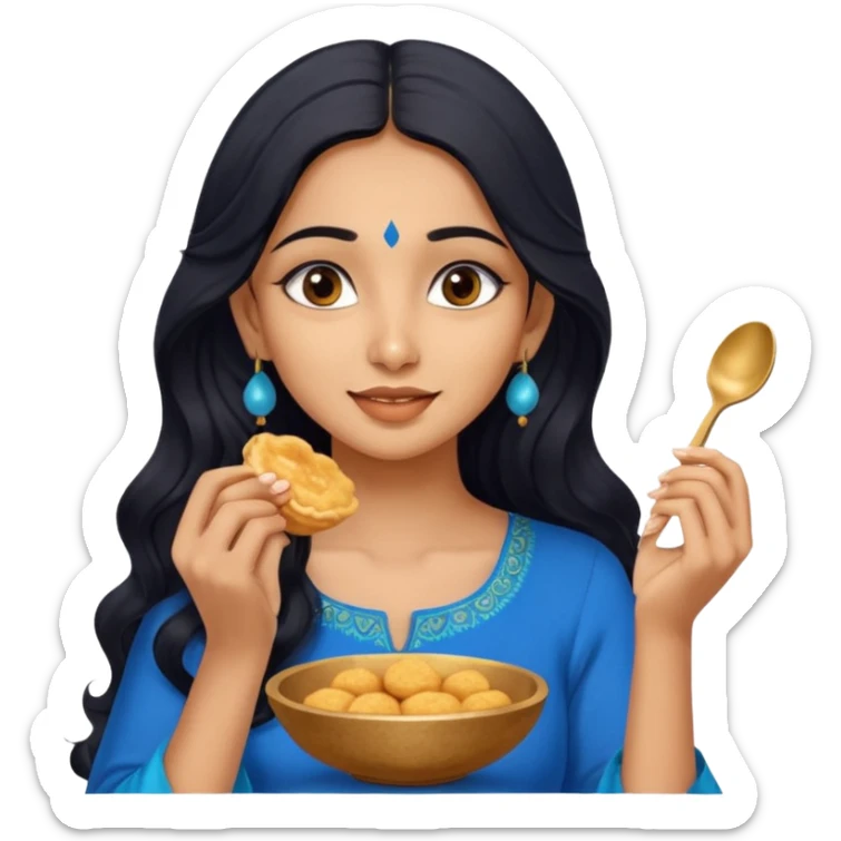 a pretty tan indian bratz girl with wavy long BLACK hair. eyeliner on, wearing a blue kurti, eating golgappa (without spoon) sticker