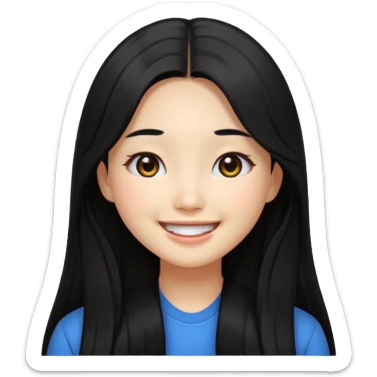 Korean girl with long black hair, black eyes, smiling, emoji style sticker