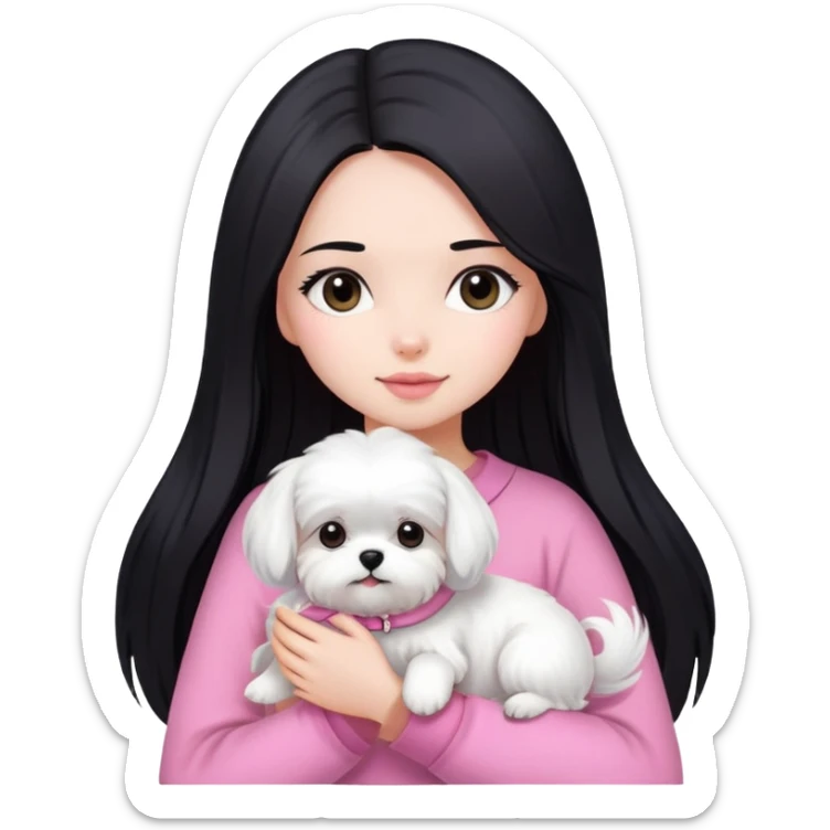 Beautiful girl with long straight black hair, fair skin, wearing pink clothes, holding a pure white fluffy Maltese dog sticker