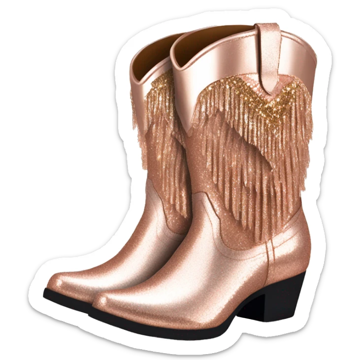 Realistic rose gold pair of fashion cowgirl boots with sparkly shiny glitter fringe on them. sticker