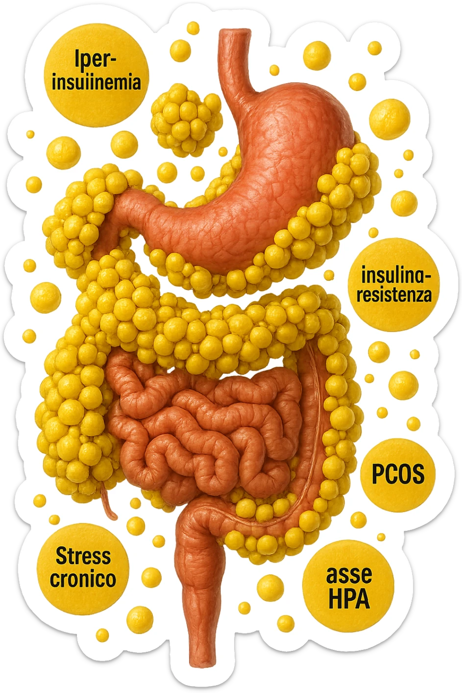 STOMACO E INTESTINO SONO VERTICALMENTE COLLEGATI E INTORNO A QUESTI ORGANI CI SONO CELLULE DI GRASSO GIALLE ATTACCATE SOPRA A GRAPPOLI, intorno fluttuano cellule di grasso giallo e alcune targhette con queste parole "Iperinsulinemia", "insulino-resistenza", "PCOS", "Stress cronico", "asse HPA", FALLO REALISTICO, NON DISEGNATO, IPERREALISTICO 4K sticker