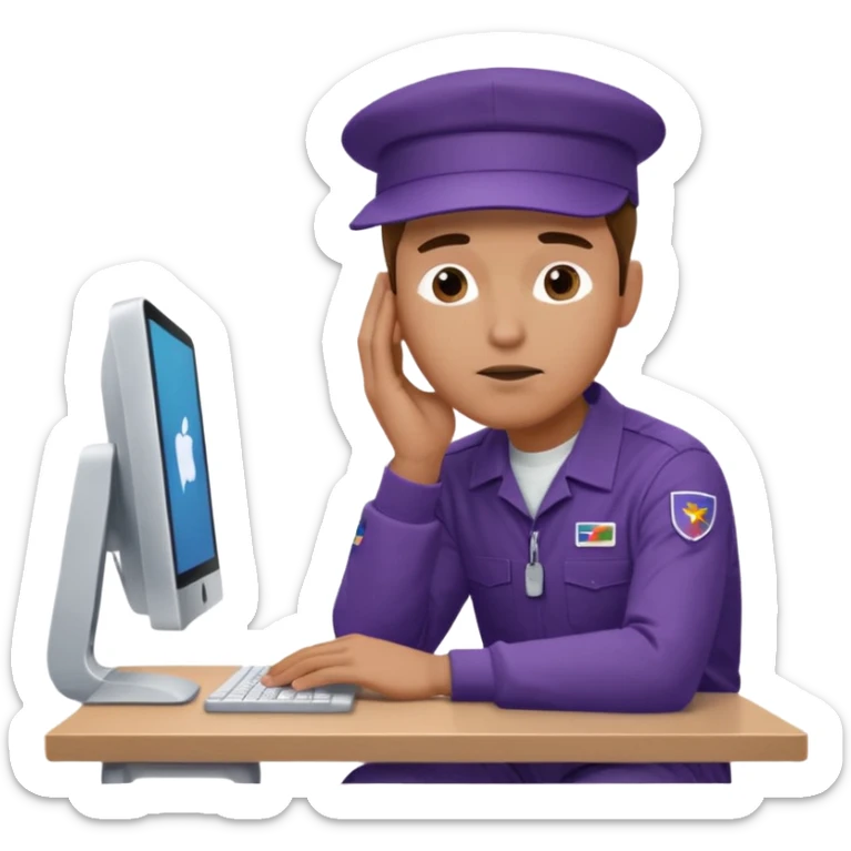 emoji of a man sitting at the table with an imac on it, a man is sitting in a very thoughtful pose, he has his hands on the table and his head resting on themб he look into the screen of imac, he is dressed in FedEx uniform with a cap sticker