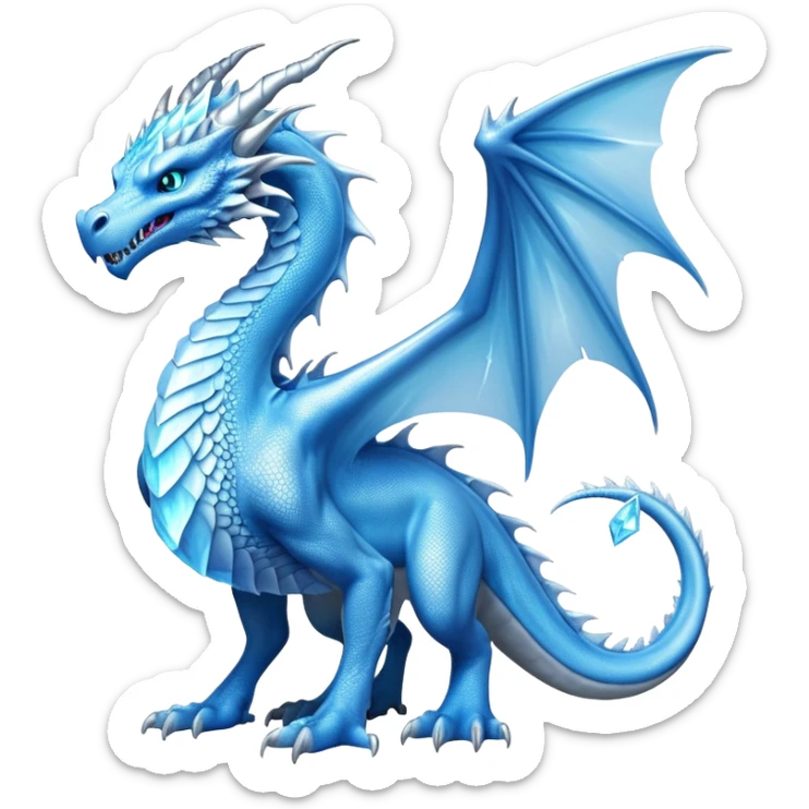 Cinematic Noble elegant Ice Dragon full body Emoji, Poised and imposing, distinct long elegant snout, with a slender, scaled body shimmering in glacial hues of icy blue, frostbitten silver, and crystalline white, breathing out frost, with piercing, glowing eyes that radiate the chilling depths of an arctic storm; rendered in detail. displaying its wings sticker