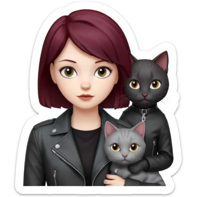 femme  yeux gris, cheveux court bordeaux, cuir noir, avec chat poils longs gris clair et chat poils ras noirs sticker