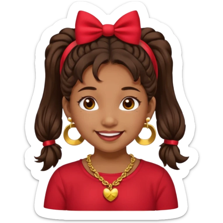 Brownskin girl dark brown hair fluffy. pigtails with red bows brown eyes smiling closed mouth red shirt gold esrrings gold necklace sticker