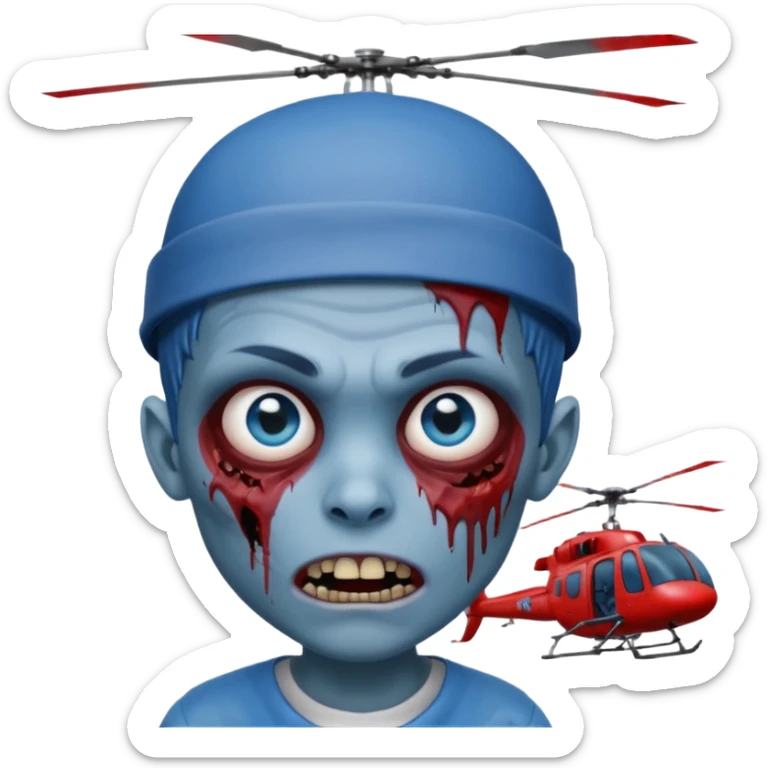 Zombie boy, with a blue face, blue eyes, brown hair and eyebrows, a sticking out fang, a bloody scratch on his face and a helicopter cap sticker