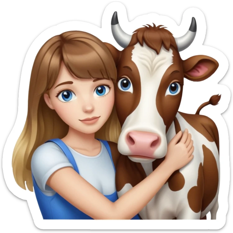 Woman with brown hair and blonde highlights, bangs in front, blue eyes, hugging a cow sticker