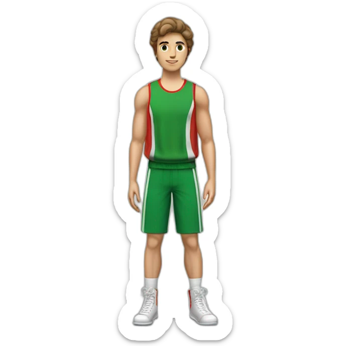 retro 70s red and green gym clothes for a modern white brunette uni male student sticker