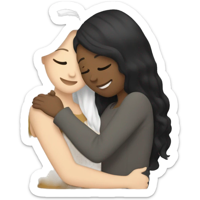 A lesbian couple that both have white skin and long black hair are hugging intimately, and romantically. sticker