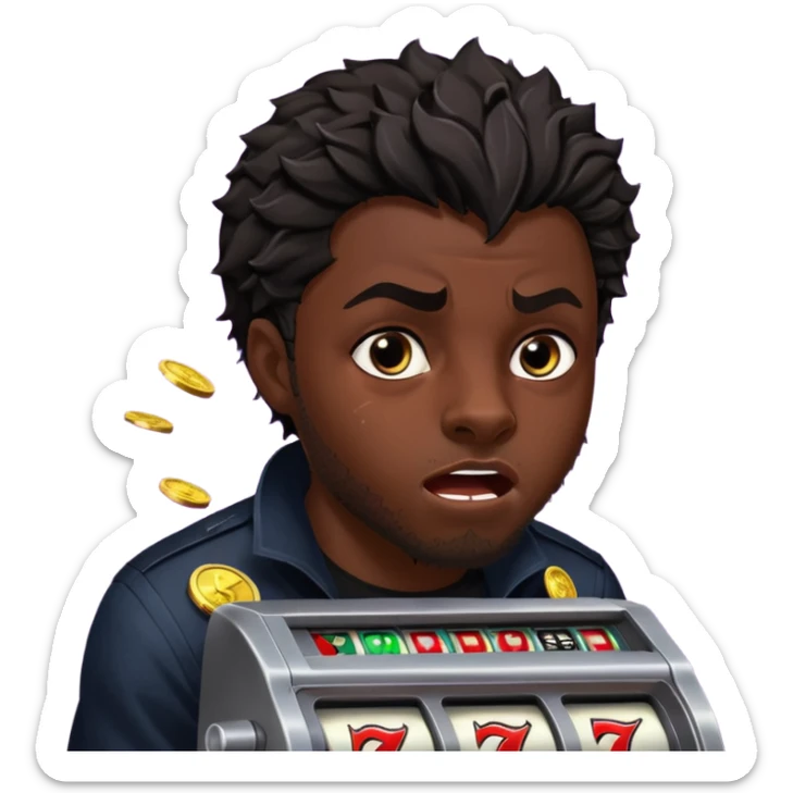 disheveled Black Panther losing money at a slot machine, panicked face, coins flying sticker