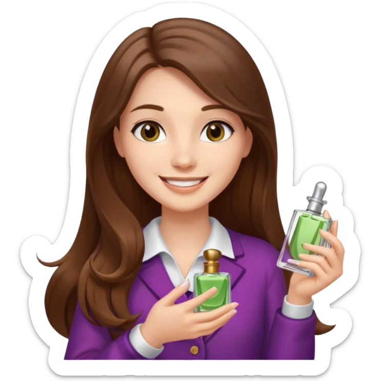 half body pretty long hair girl holding 1 parfume with smile sticker