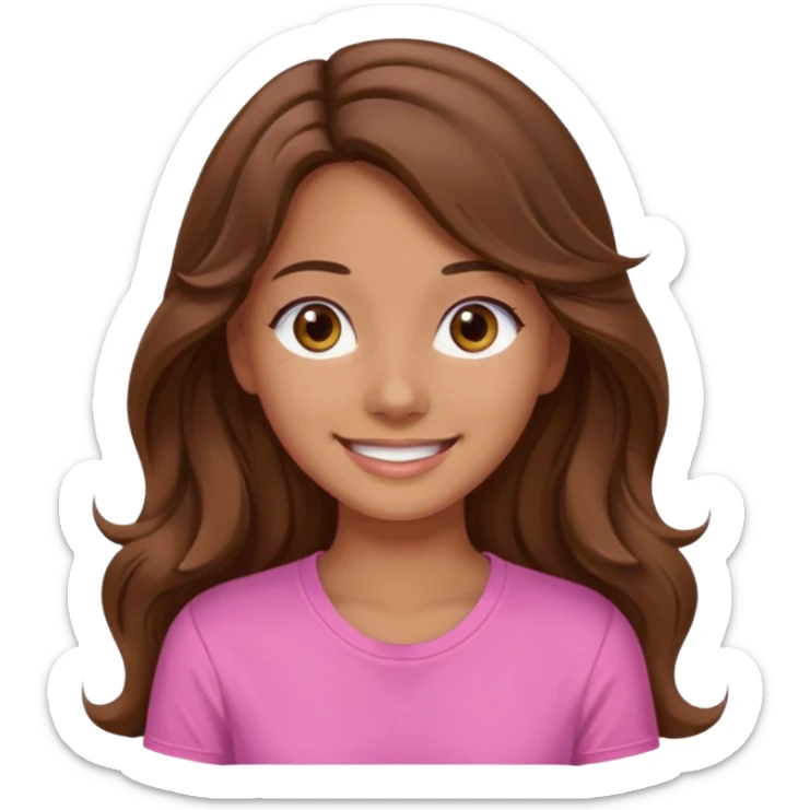 A pretty girl with tan skin and long wavy hair, wearing a pink basic shirt with brown eyes sticker