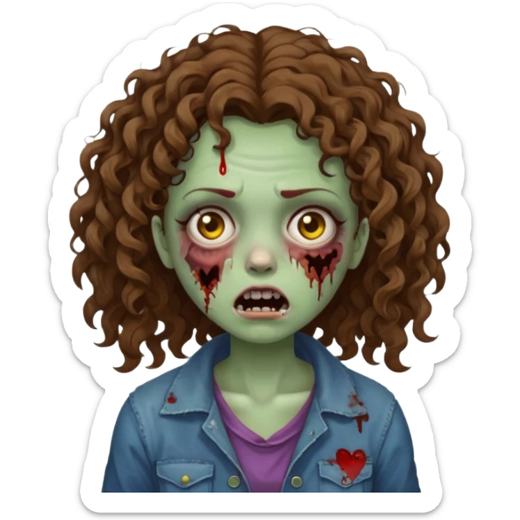 Zombie girl with curly brown hair como emoji de iphone y con la boca un poco lastimada  sticker
