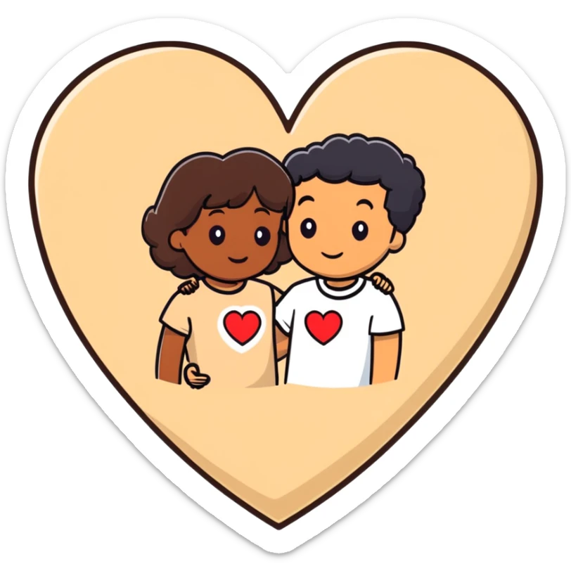 A couple with dark brown hair and mixed skin tone inside a white heart, wearing beige clothes sticker