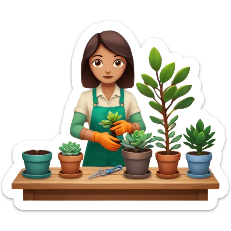 Close-up of a person planting a sapling in a pot. Around, potted plants and succulents with vibrant leaves and flowers. Sunlight filters through the window, casting soft shadows. Cozy indoor space with gardening tools on a wooden table. sticker