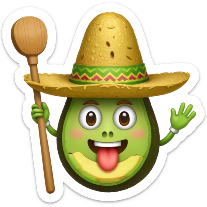 avocado in guacamole, wearing a sombrero, with a cartoon mallet above its head, whack-a-mole inspired, iOS emoji style sticker