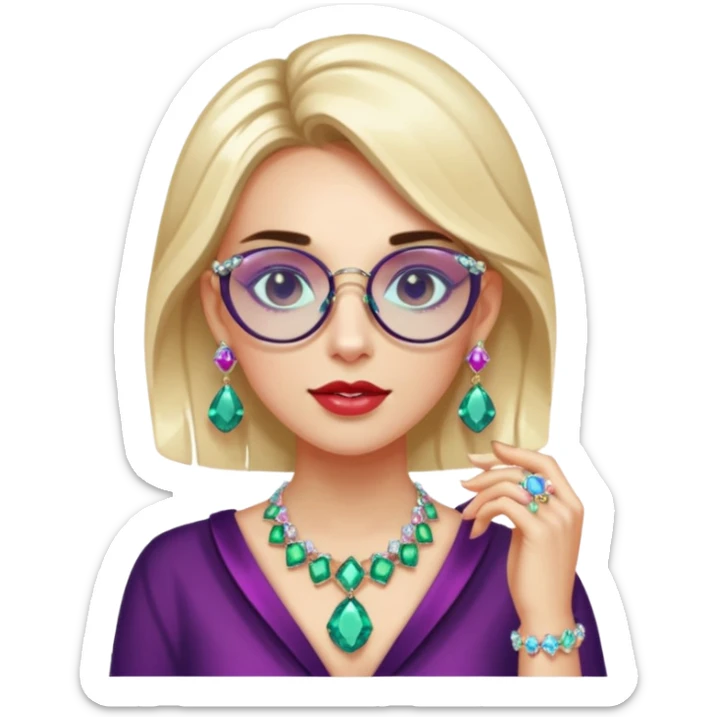gem lover woman with gem accessories excessive amount gem glassess very big gem earrings sticker