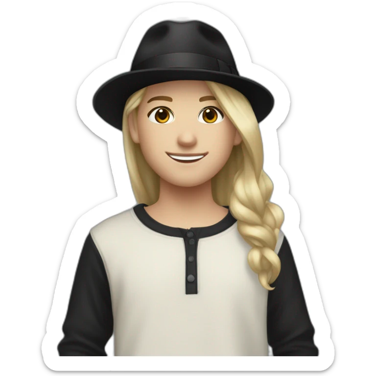 Neutral smile white teenager, with short blond hair wearing a small black fedora hat, and a black adidas long sleeve sweater sticker