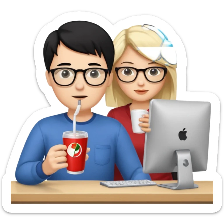 Hombre blanco con gafas, pelo negro tomando un refresco frente a un ordenador con ropa de sport, en la pantalla del ordenador una mujer rubia tomando café sticker