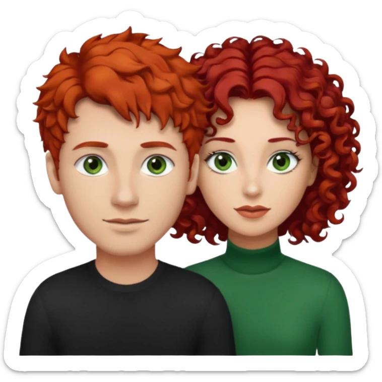 create a couple men with a red hair and browm eyes and woman with curly black hair and green eyes sticker