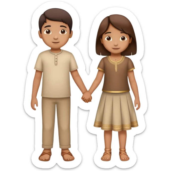 two Indian children (boy and girl) holding hands, boy lighter brown, girl medium brown, both age 5-6, simple background sticker