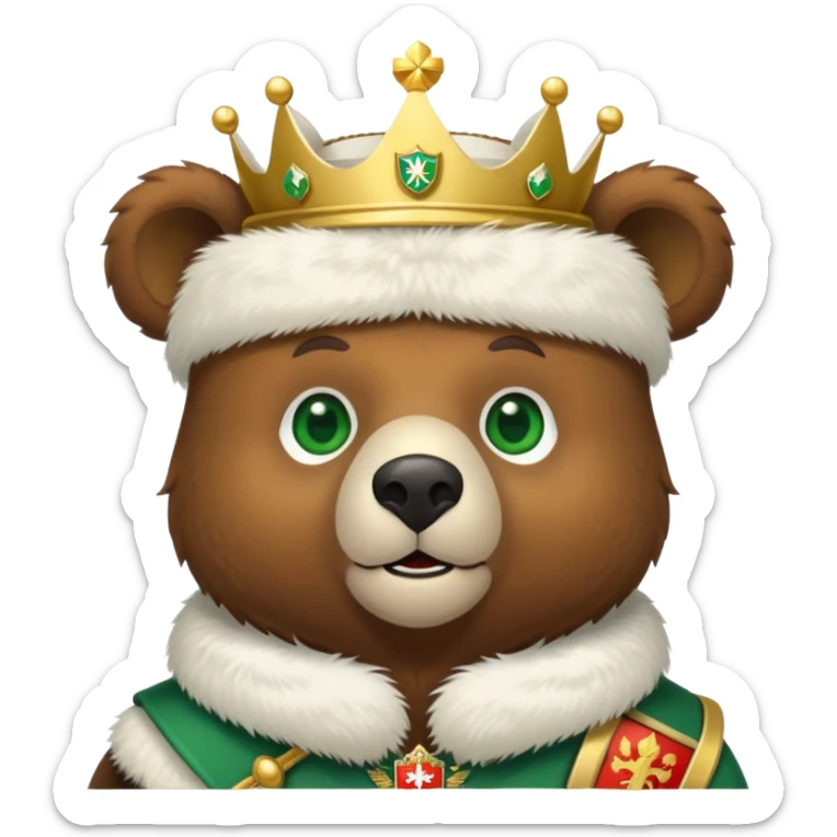Adorable brown bear with green eyes, white furry ushanka, detailed Russian Federation emblem with golden double-headed eagle, three crowns, scepter and orb, St. George on chest shield, minimalist iOS emoji style sticker