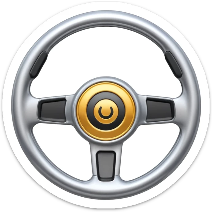 A futuristic steering wheel emoji made of silver chrome, minimal geometric design, smooth metallic surface, soft reflections, iOS emoji style, centered, clean white background sticker