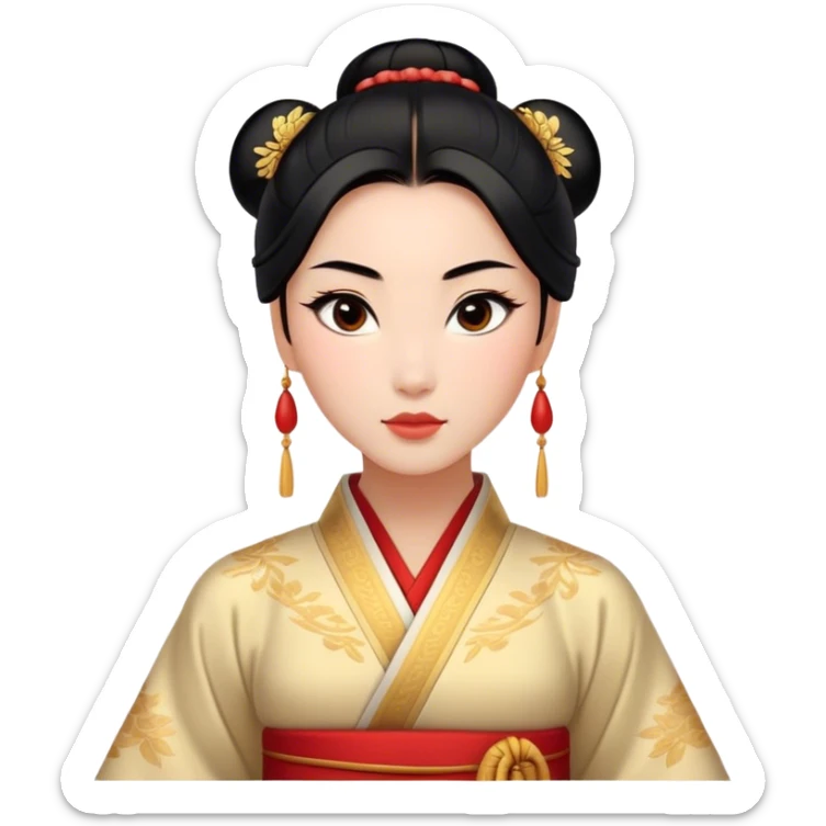 Cinematic Realistic Noble Mulan Portrait, depicted with lifelike, warm light-toned skin that reveals subtle texture and natural shadows. Her sleek black hair is intricately styled into a traditional bun with every strand rendered in exquisite detail, and her almond-shaped eyes, full of quiet resolve, are softly illuminated. She wears a meticulously detailed traditional robe with delicate red and gold accents, its rich fabric textures and gentle folds catching the light beautifully. The portrait radiates a natural, enchanting glow, capturing Mulan’s inner strength and timeless grace in a realistically painterly style. sticker