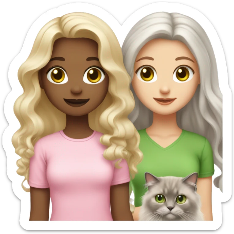Coloured blonde girl with Long wavy hair with Brown green eyes and wearing a light pink shirt holding a grey  long haired ragdoll cat also wearing pink sticker