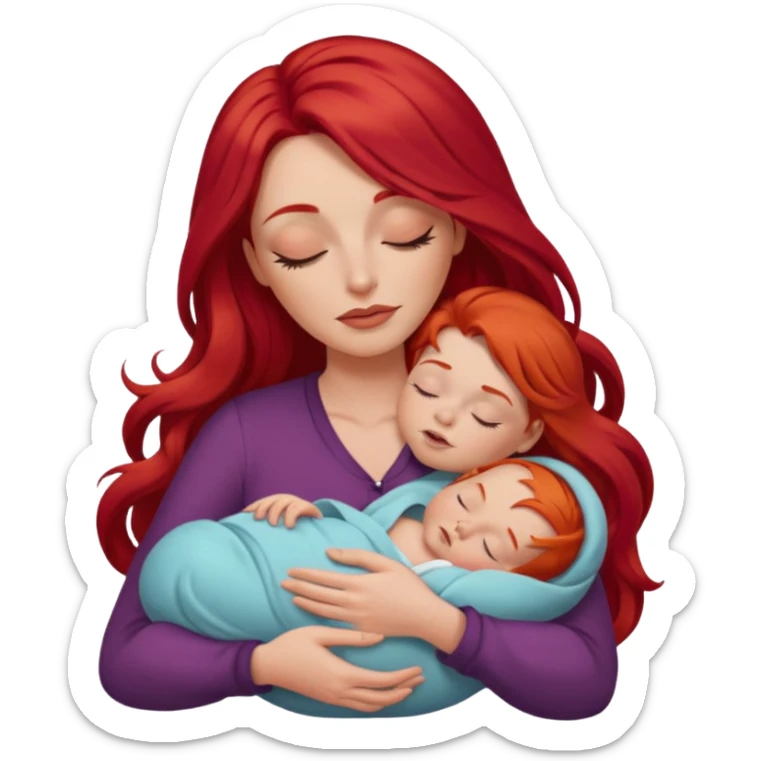 White woman with long red hair and makeup holding a sleeping baby sticker