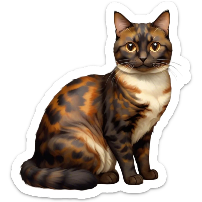 Cinematic Noble Tortoiseshell Cat Portrait Emoji, Poised and dignified, showcasing a luxurious, mottled fur of rich browns and blacks, with elegantly arched whiskers and a determined yet gentle expression, simplified yet meticulously detailed, glowing with a subtle, regal radiance, high shine, embodying quiet nobility and refined charm, soft glowing outline, capturing the essence of a sophisticated tortoiseshell cat exuding quiet authority! sticker