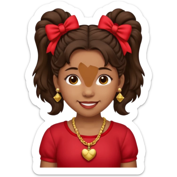 Brownskin girl dark brown hair fluffy. pigtails with red bows brown eyes smiling closed mouth red shirt gold esrrings gold necklace sticker