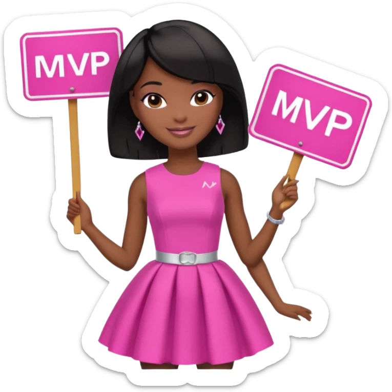 Black barbie, short  black bob  hair, pink dress with a sign that says mvp sticker